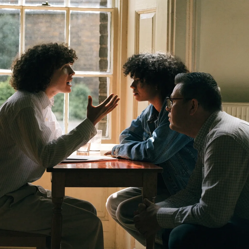 Adult learner pairs practising a spoken task while the teacher listens