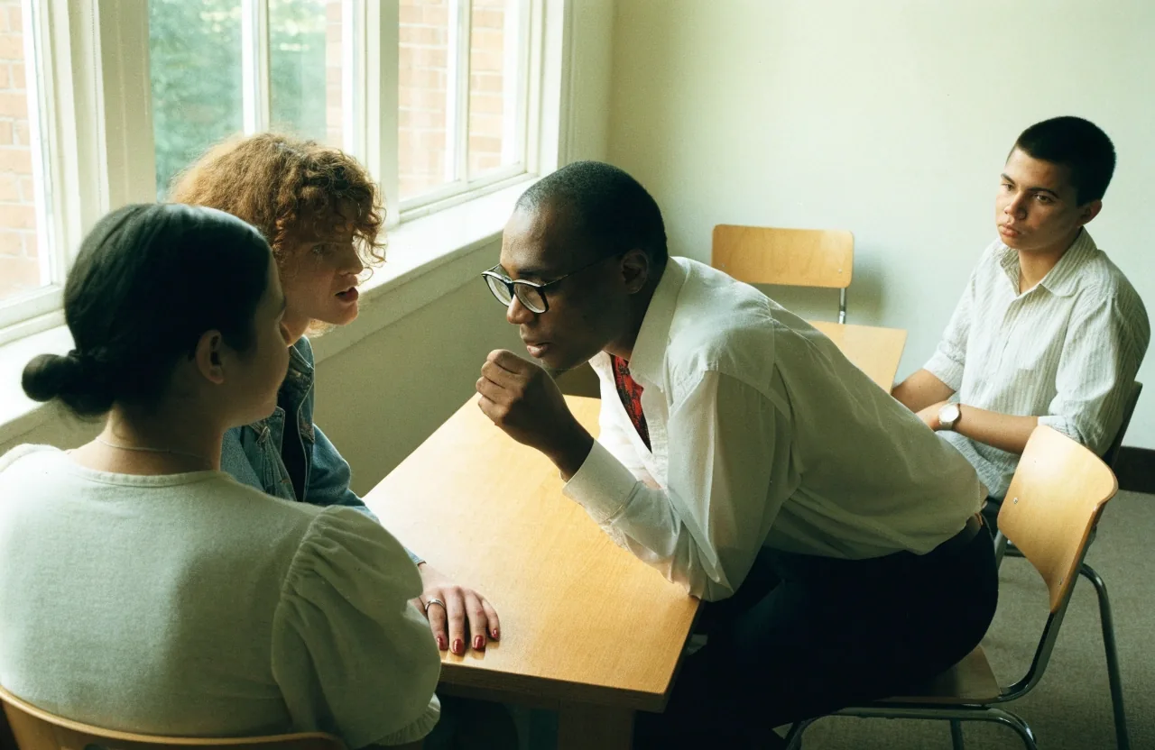 Adult learners in a discussion around a table in a British English school seminar room