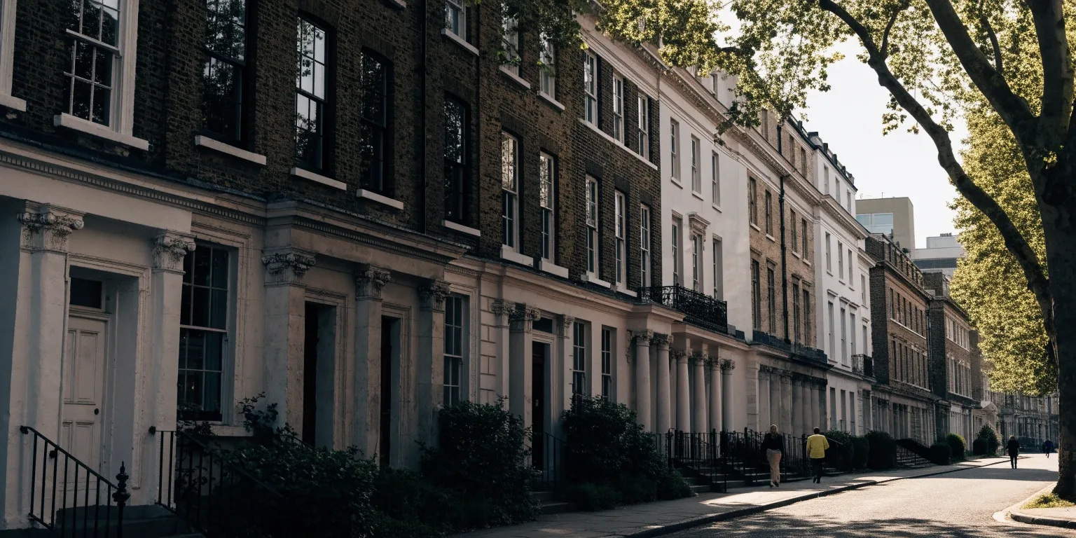 Quiet Bloomsbury street with a Georgian terrace building near the school