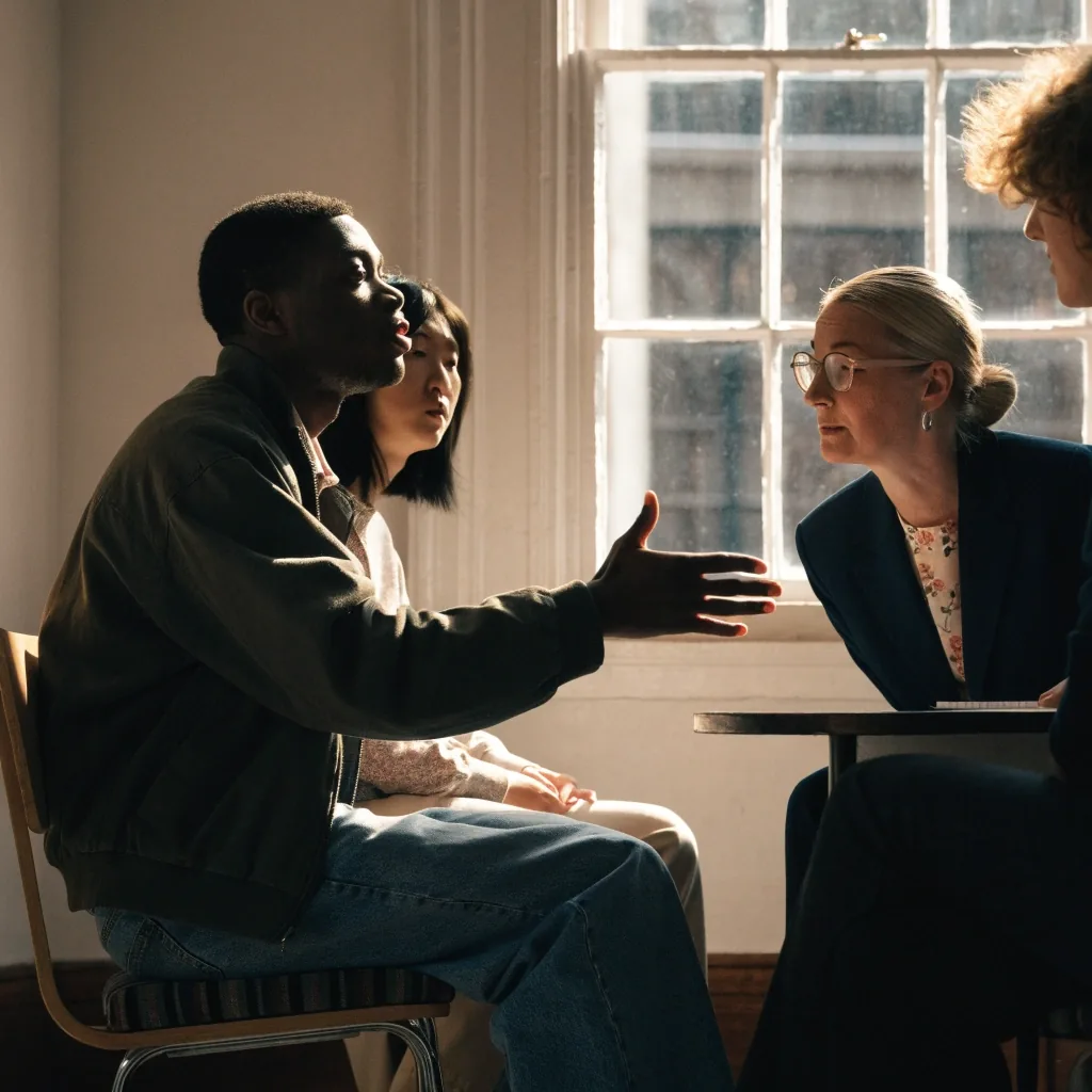 Adult learners in a small English class during a level assessment discussion