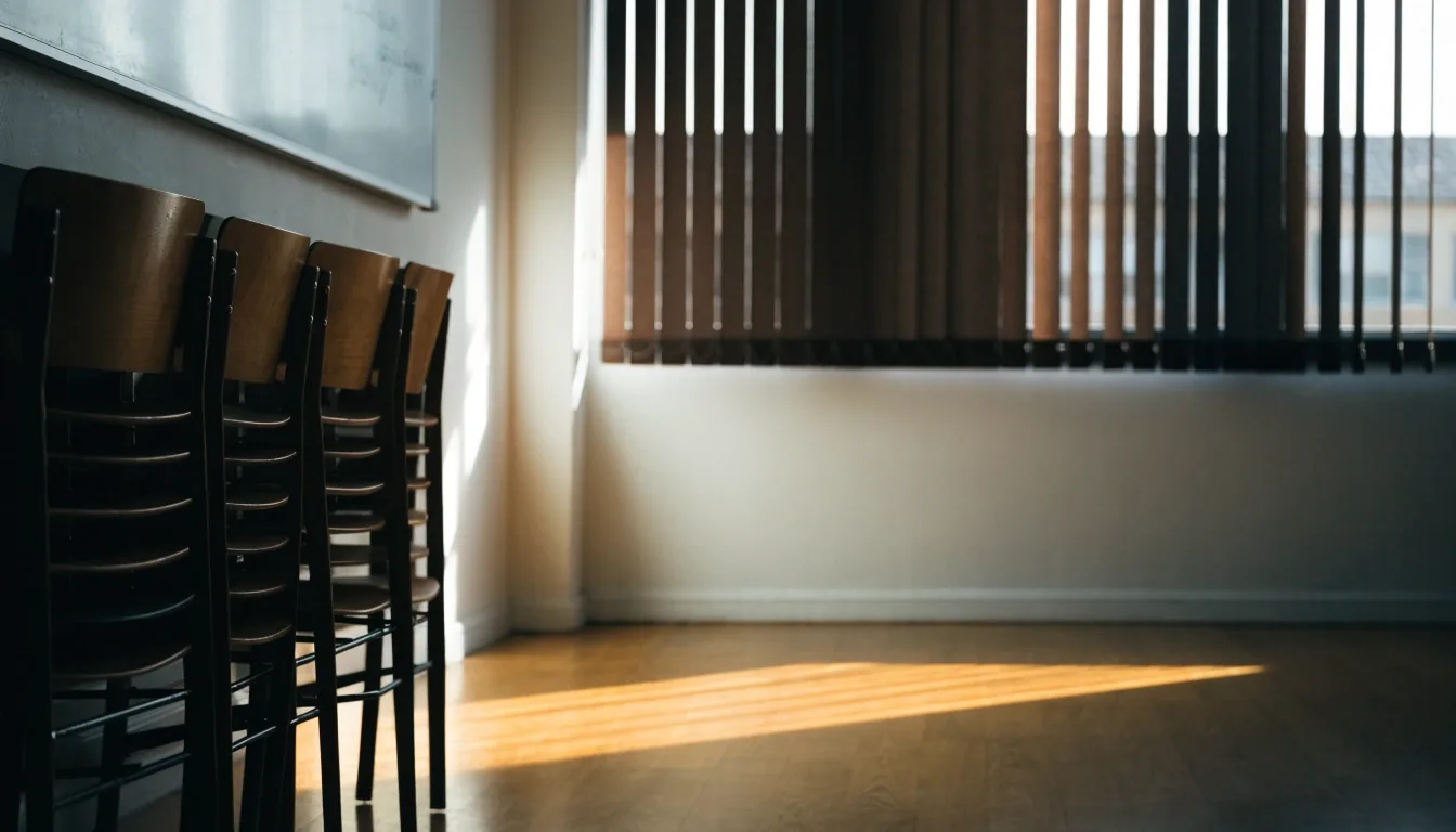 Quiet classroom at Britannia English Courses in the late afternoon with chairs stacked against the wall