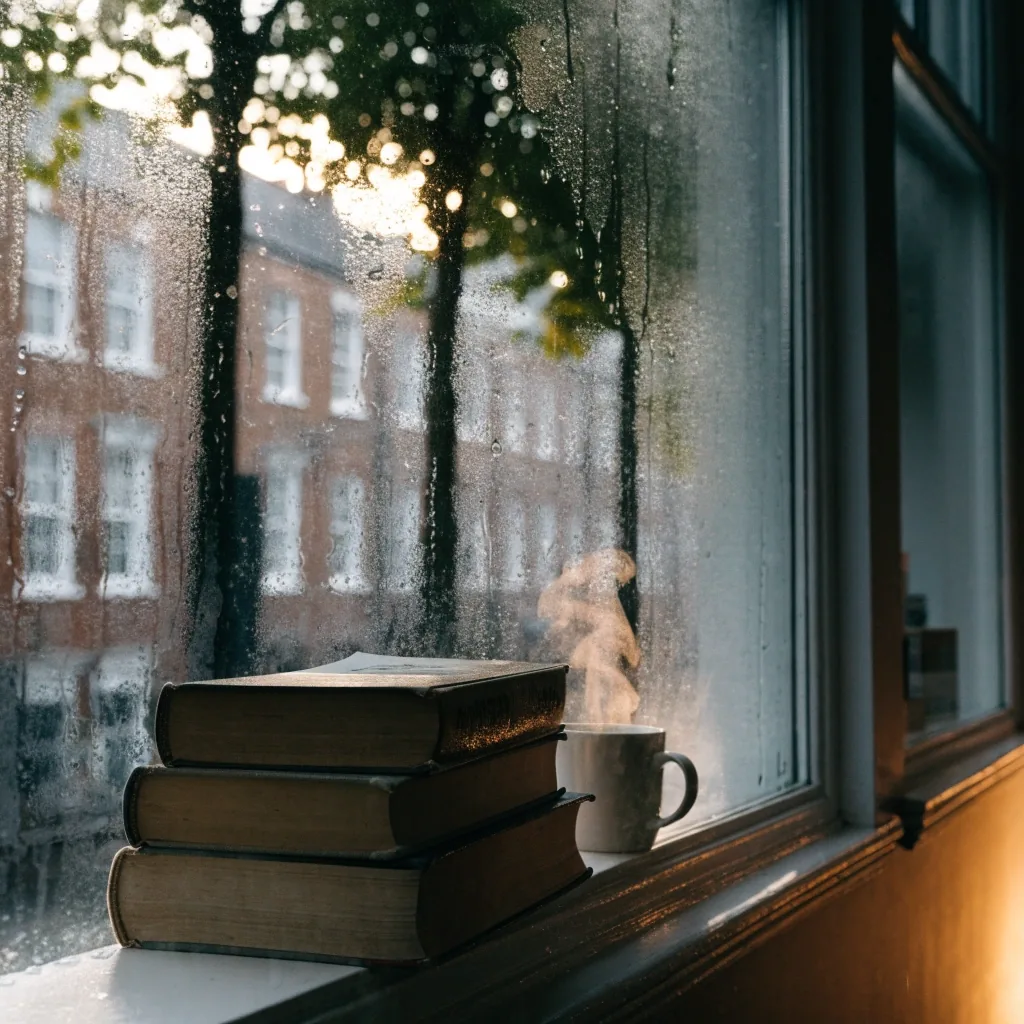 Rain on the classroom window at a London language school, with books and tea on the sill