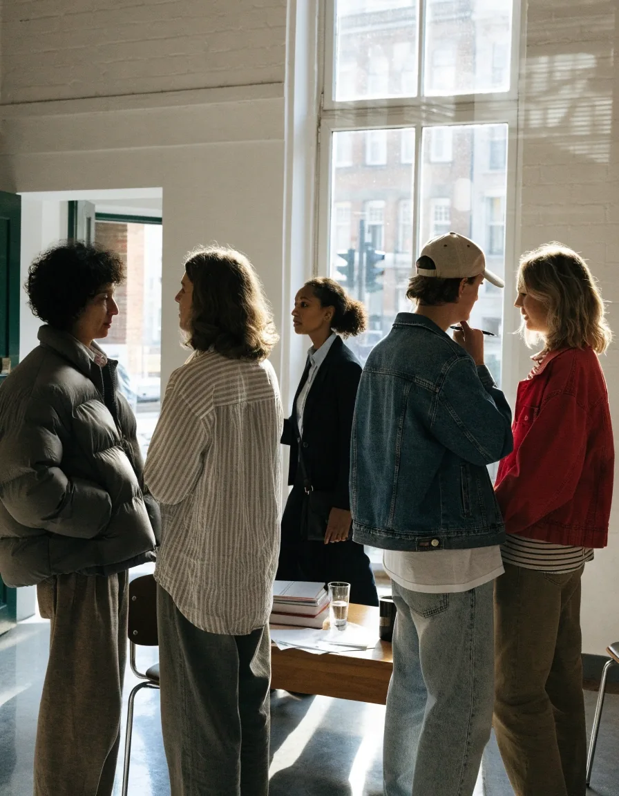Four adult learners pairing off for a speaking task while a tutor listens in