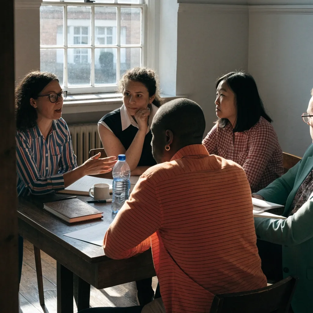A small-group Cambridge English preparation class discussing a reading passage