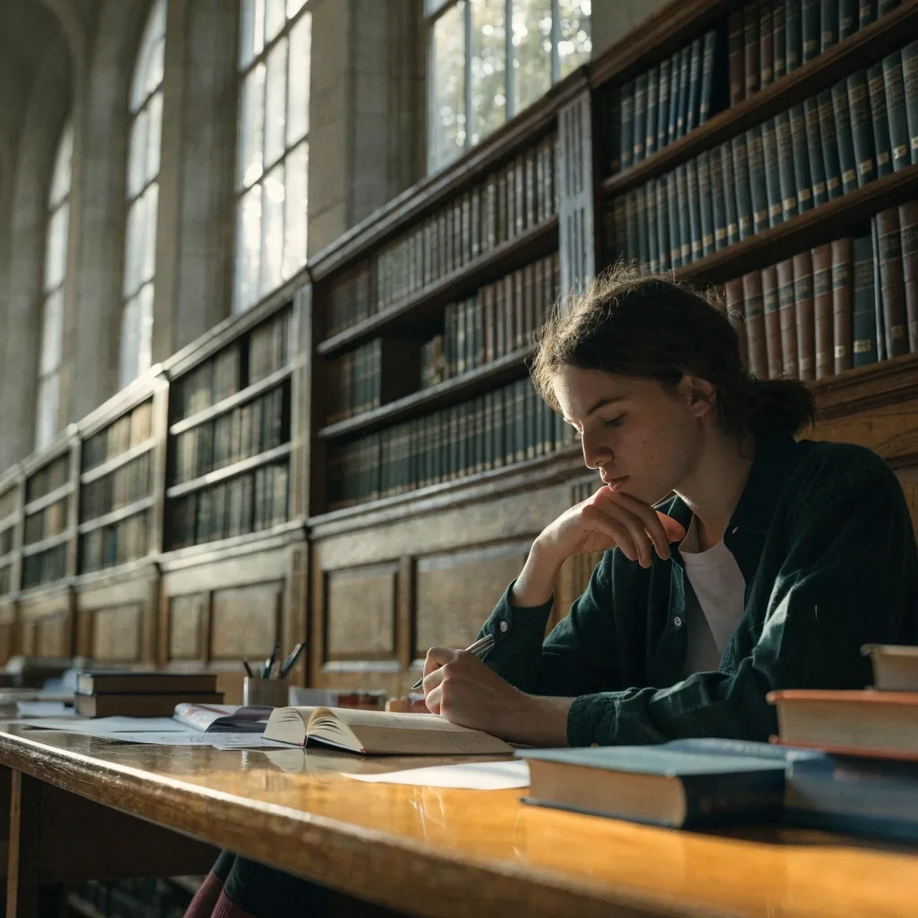A student reading academic English material in a British university library reading room