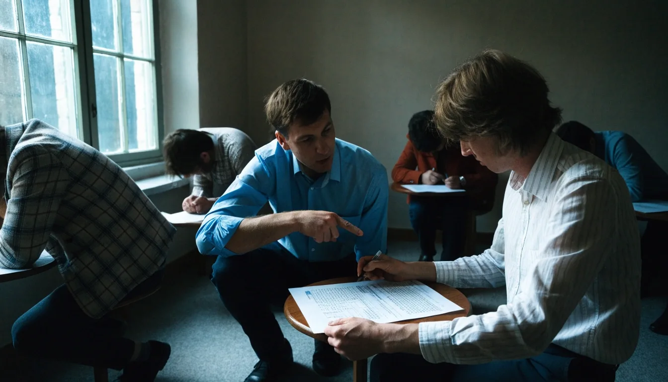 Adult learners sitting a timed practice paper in a British language school exam room