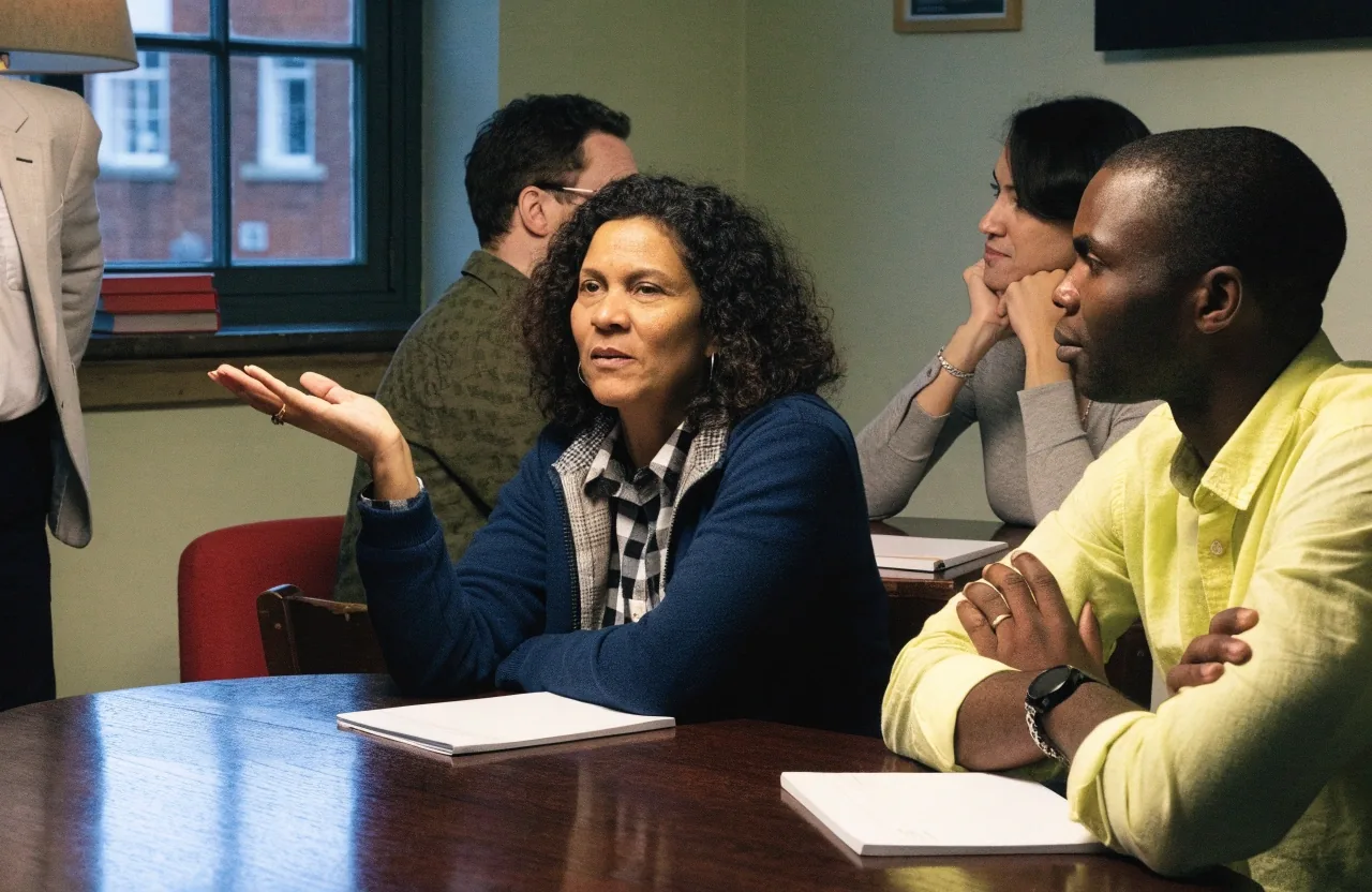 Adult learners listening closely to a classmate explaining an idea in a small London teaching room
