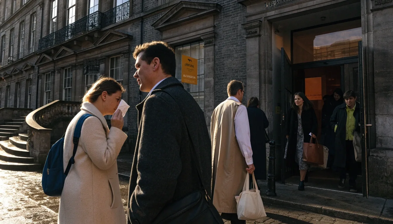 Adult students leaving a Bloomsbury language school building and talking on the pavement in late-afternoon light