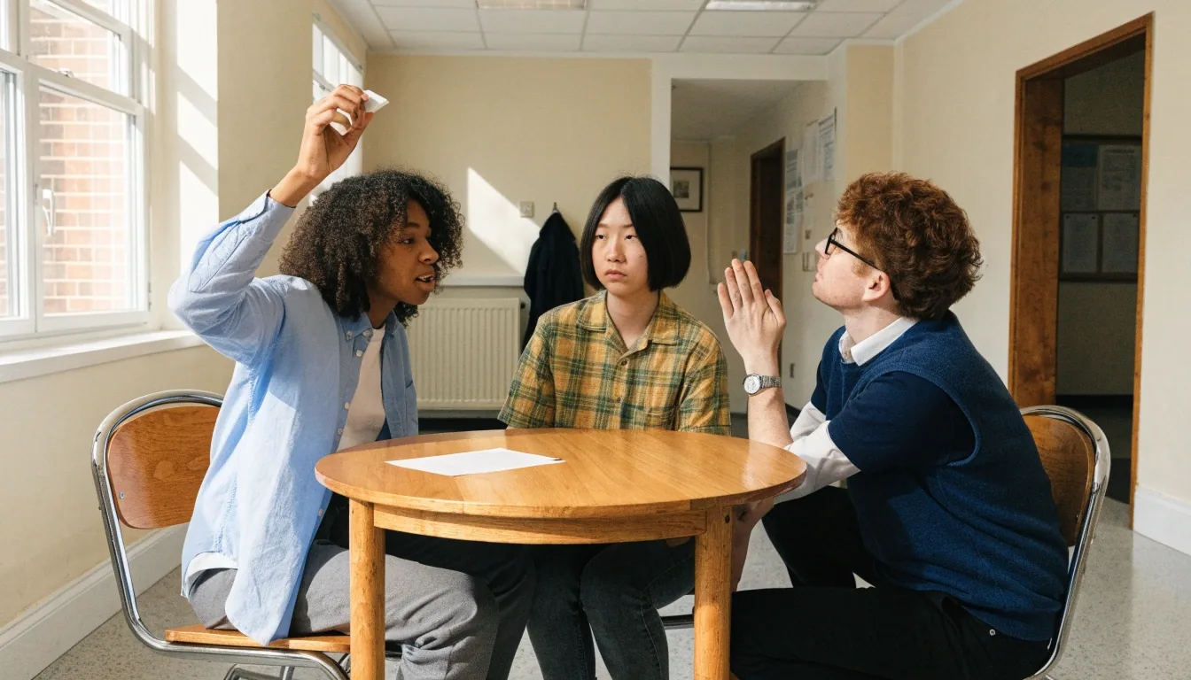 Adult beginner English learners practising short spoken exchanges in pairs with a tutor beside the table