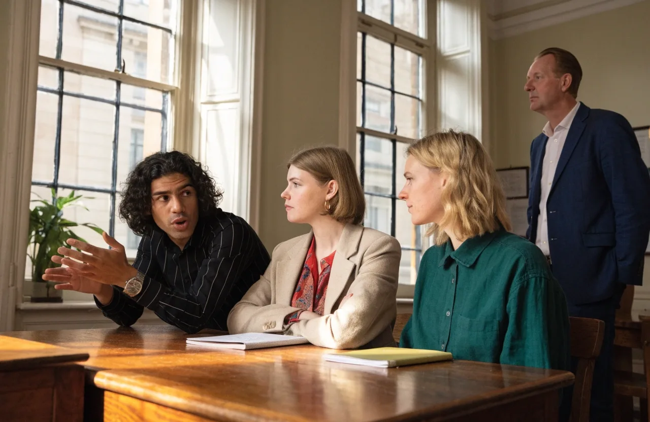 An upper-intermediate learner making a point to a listening class in a small London seminar room