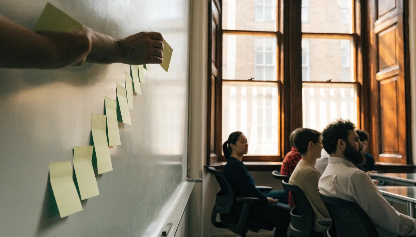 Rows of blank sticky notes arranged as an ascending staircase on a whiteboard in a London language school classroom