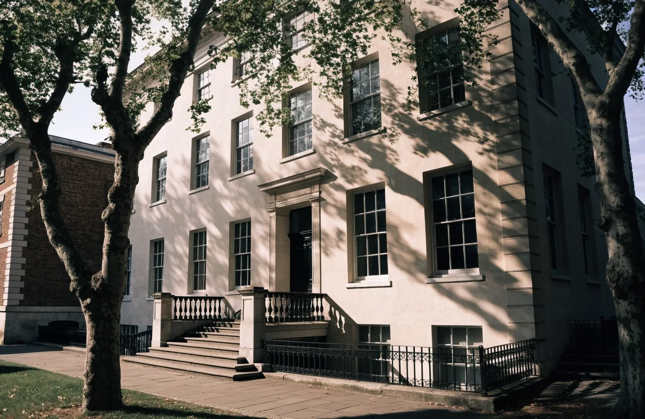 A Georgian building on a London square with tall sash windows and steps leading to the entrance