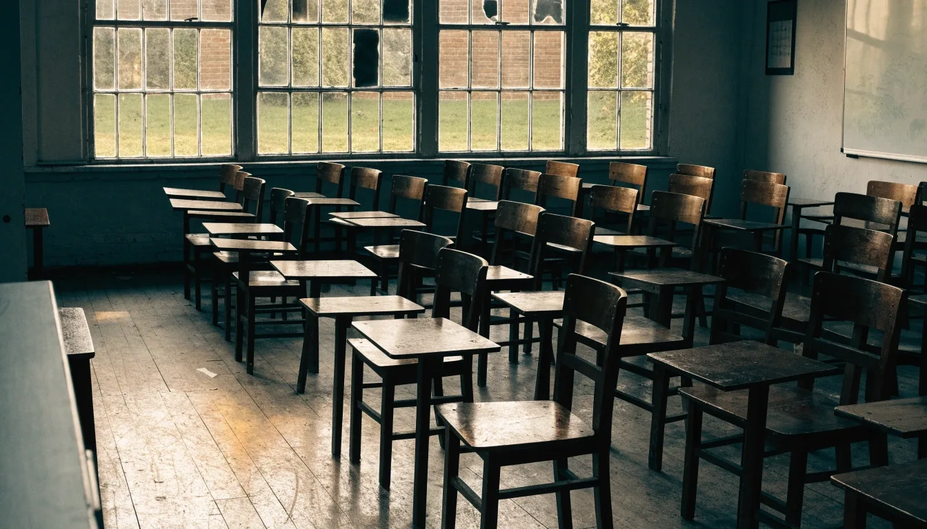 An empty classroom in a British English language school, lit by daylight from tall sash windows